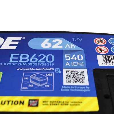 Акумулятор EXIDE 62Аh 540Ah Excell EB620 R+ (правий +)