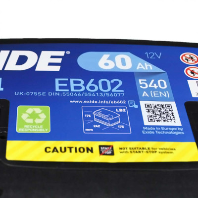 Акумулятор EXIDE 60Аh 540Ah Excell EB602 R+ (правий +)