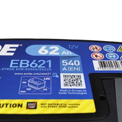 Аккумулятор EXIDE 62Аh 540Ah Excell EB621 L+ (левый +)