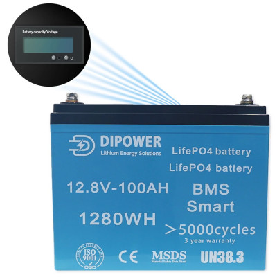 Акумулятор Dipower LiFePO4 12V/100AH (1280W*h), з дисплеєм, Smart BMS, Bluetooth APP (літій-залізо-фосфатний акумулятор для ДБЖ (UPS)) Акумулятор Dipower LiFePO4 12V/100AH (1280W*h), з дисплеєм, Smart BMS, Bluetooth APP (літій-залізо-фосфатний акумулятор для ДБЖ (UPS))