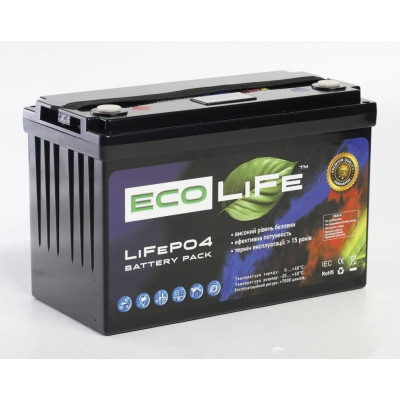 Акумулятор EcoLiFe LiFePO4 12V/110AH (1400W*h), Smart BMS, Bluetooth APP (літій-залізо-фосфатний акумулятор для ДБЖ (UPS))