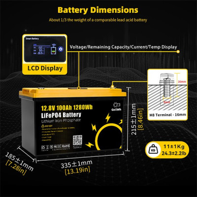 Акумулятор GoKwt LiFePO4 12V/100AH (1280W*h), з дисплеєм, Smart BMS, Bluetooth APP (літій-залізо-фосфатний акумулятор для ДБЖ (UPS)) Акумулятор GoKwt LiFePO4 12V/100AH (1280W*h), з дисплеєм, Smart BMS, Bluetooth APP (літій-залізо-фосфатний акумулятор для ДБЖ (UPS))
