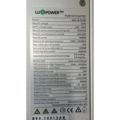 Гібридний інвертор LUXPOWER 6кВт, 1 фаза, Hybrid GEN-LB-EU 6K, 48 В, 6000 Вт, (напівпасивне охолодження, генератор)