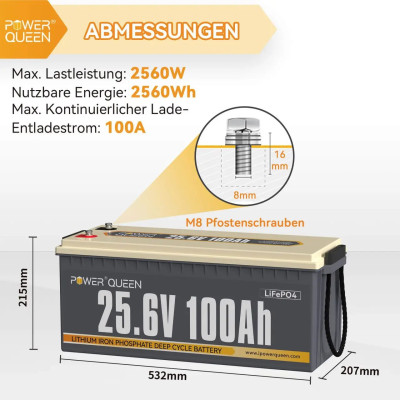 Акумулятор Power Queen LiFePO4 12V/100AH RV190 (1280W*h), (Smart BMS, Bluetooth,  Low Temp)
