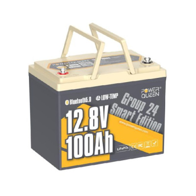 Акумулятор Power Queen LiFePO4 12V/100AH Group 24 (1280W*h), (Smart BMS, Bluetooth,  Low Temp, 260х170х200мм)