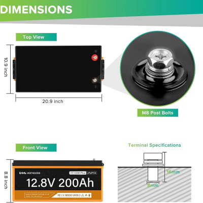 Акумулятор VESTWOODS LiFePO4 12V/200AH, 2560W*h, 100A, Smart BMS, Bluetooth APP (літій-залізо-фосфатний акумулятор для ДБЖ (UPS)) Акумулятор VESTWOODS LiFePO4 12V/200AH, 2560W*h, 100A, Smart BMS, Bluetooth APP (літій-залізо-фосфатний акумулятор для ДБЖ (UPS))