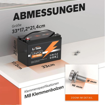 Акумулятор LiTime LiFePO4 12V/100AH (1280W*h) (літій-залізо-фосфатний акумулятор для ДБЖ (UPS))
