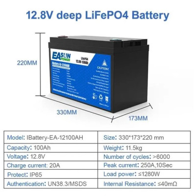 Акумулятор EASUN Power LiFePO4 12V/100AH (1280W*h), для будинку, котла, сонячних батарей
