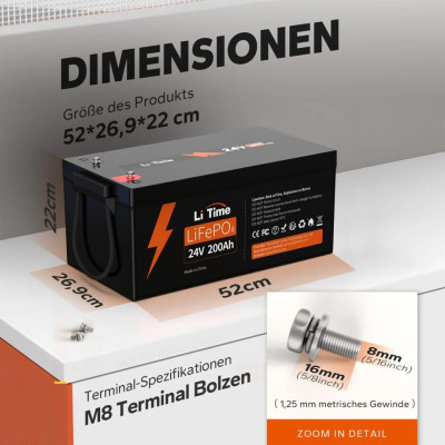 Акумулятор LiTime LiFePO4 24V/200AH (5120W*h) (літій-залізо-фосфатний акумулятор для ДБЖ (UPS))