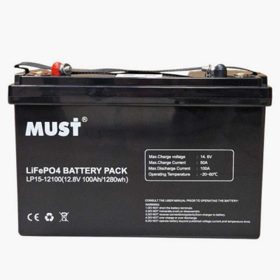 Акумулятор MUST LiFePO4 12V/100AH (1280W*h) Smart BMS, Bluetooth (325х170х215 мм, для будинку, котла, сонячних батарей) Акумулятор MUST LiFePO4 12V/100AH (1280W*h) Smart BMS, Bluetooth (325х170х215 мм, для будинку, котла, сонячних батарей)