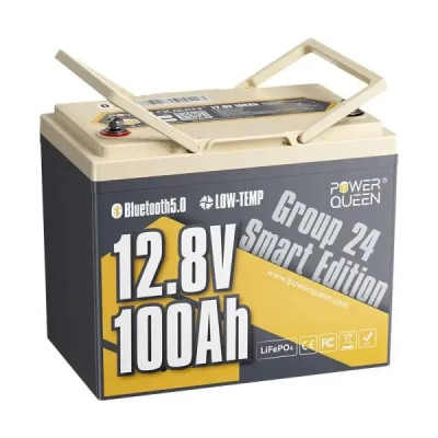 Акумулятор Power Queen LiFePO4 12V/100AH Group 24 (1280W*h), (Smart BMS, Bluetooth,  Low Temp, 260х170х200мм)